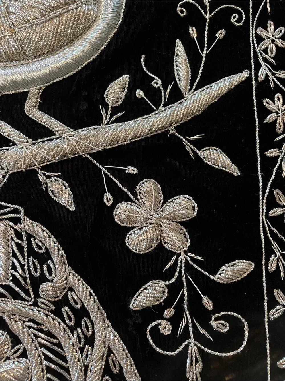 Embroidered Peacock Wall Hanging in Silver on Black